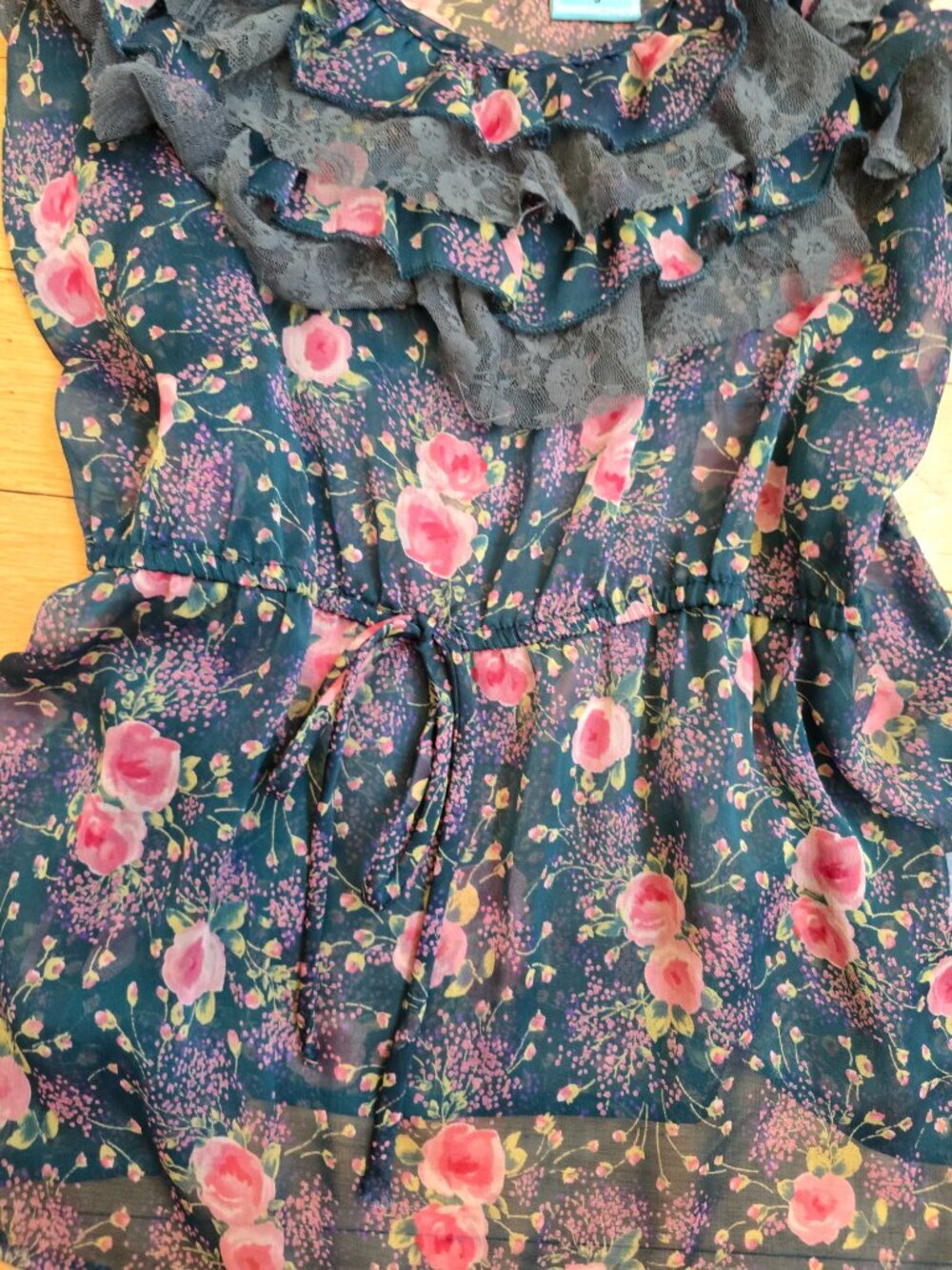 vintage Y2K cottagecore teal floral sheer ruffle romantic tank top | WMS S - Picture 4 of 11
